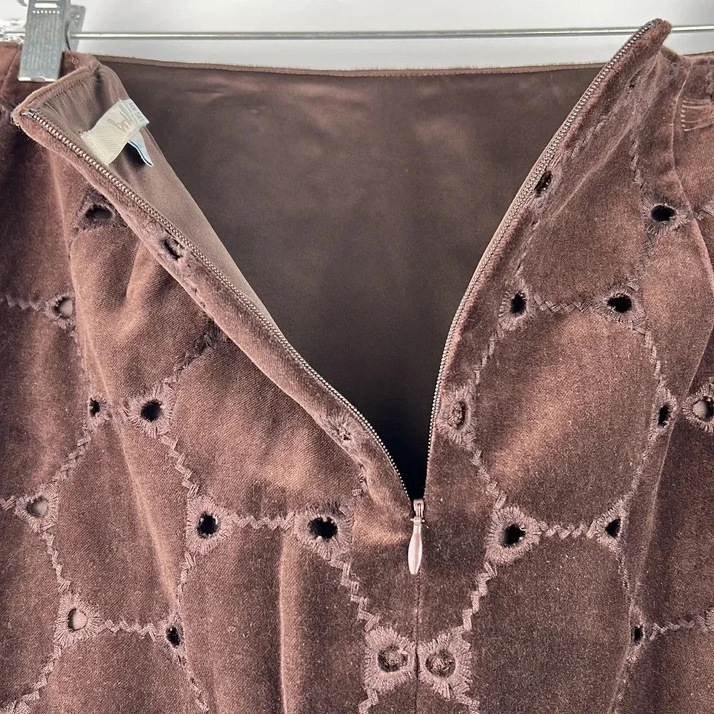 Boden | Brown Circle Embroidered Velvet Pencil Skirt Lined Back Zipper Size 4R - Picture 7 of 10